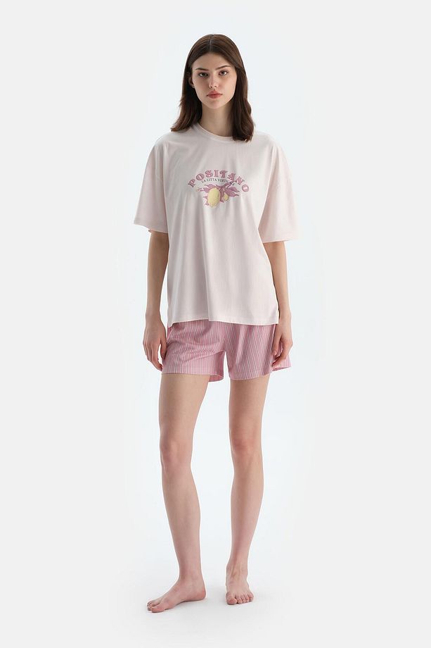 Açık Pembe Baskı Detaylı Kısa Kollu Tişört Şort Pijama Takımı - 3