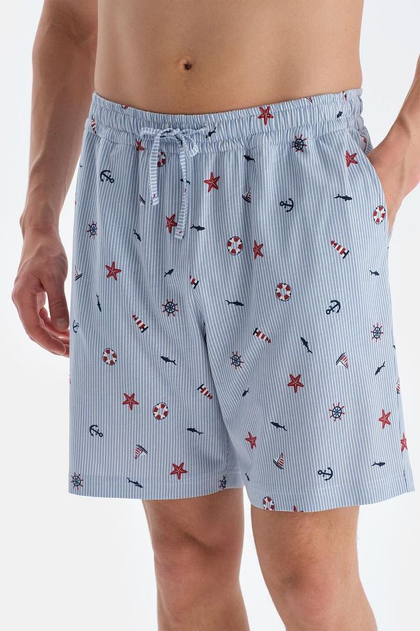 Açık Mavi Metraj Baskılı Gömlek Şort Pijama Takımı - 6