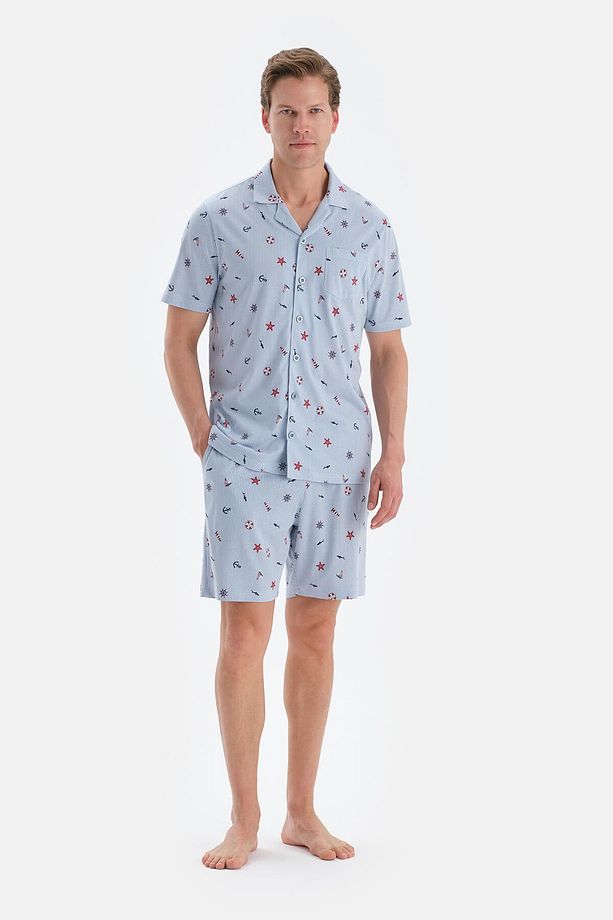 Açık Mavi Metraj Baskılı Gömlek Şort Pijama Takımı - 4