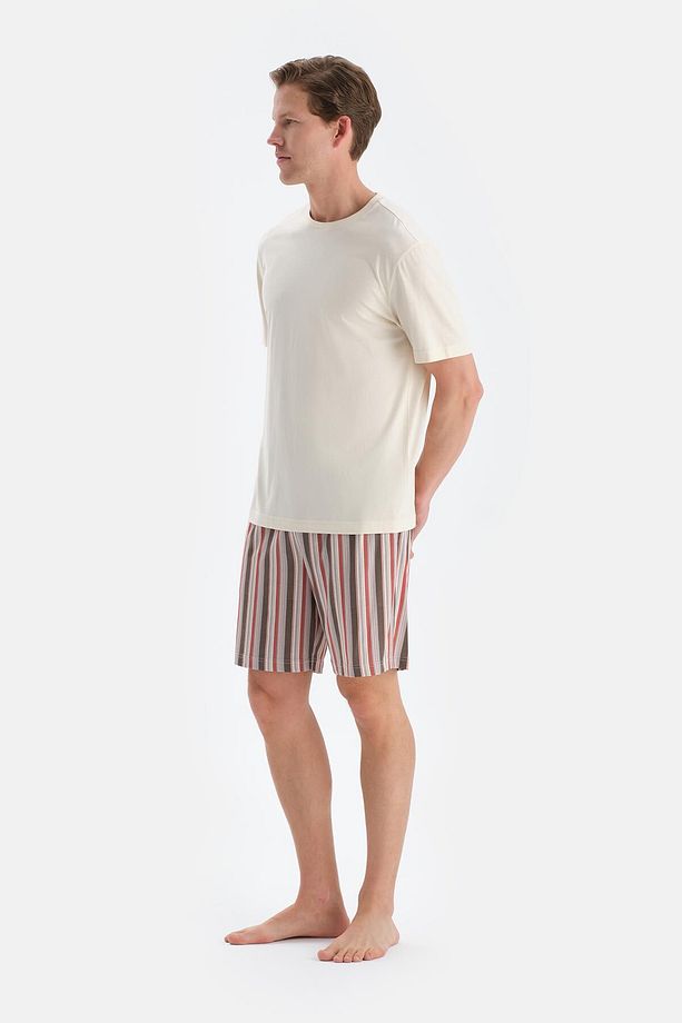 Ekru Kısa Kollu Tişört Şort Pijama Takımı - 3