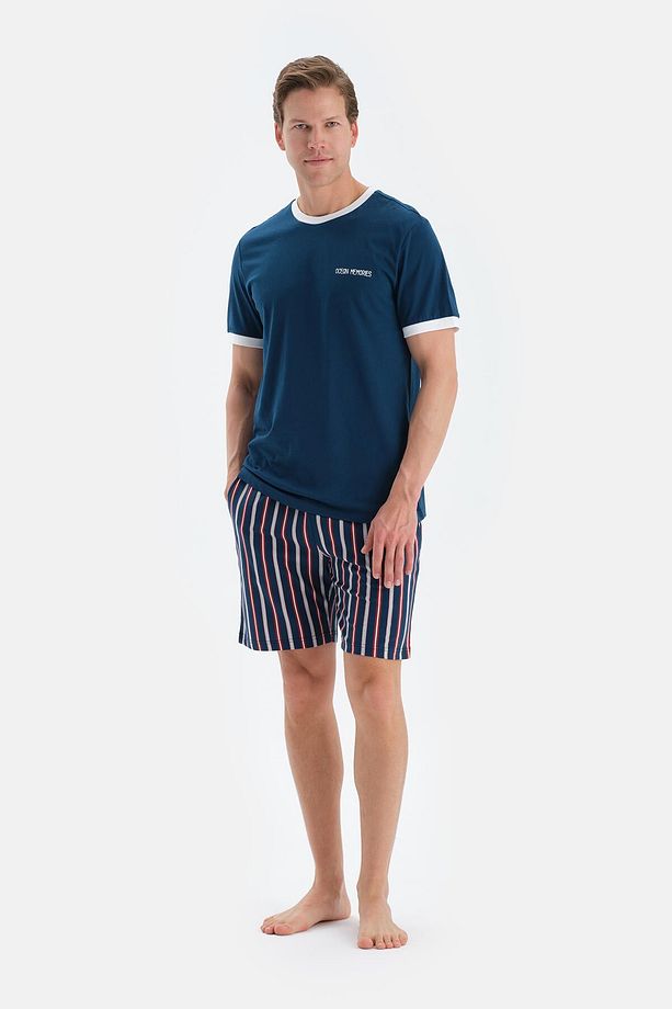 Lacivert Slogan Baskı Detaylı Kısa Kollu Tişört Şort Pijama Takımı - 1