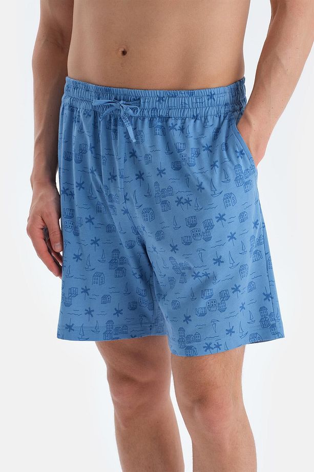 Mavi Baskı Detaylı Kısa Kollu Tişört Şort Pijama Takımı - 6