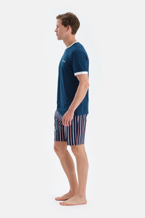 Lacivert Slogan Baskı Detaylı Kısa Kollu Tişört Şort Pijama Takımı - 3