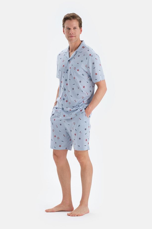 Açık Mavi Metraj Baskılı Gömlek Şort Pijama Takımı - 3