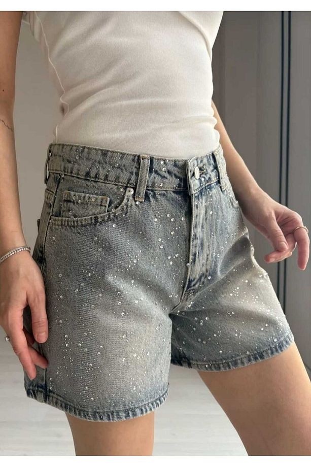 Kadın Açık Mavi Parlak Taşlı Kot Şort Tasarım %100 Koton Denim Şort - 3