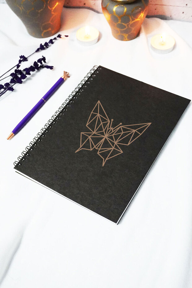 A5 Butterfly Pattern Black Kraft Cover Unlined Notebook - 60 Sheets (120 Pages) 15X21 cm - School Notebook