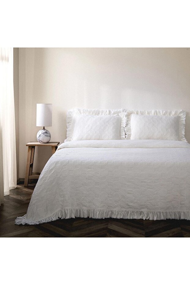 Tanya Double Pique Bedspread Set 100% Cotton Woven Cream 260X240 cm
