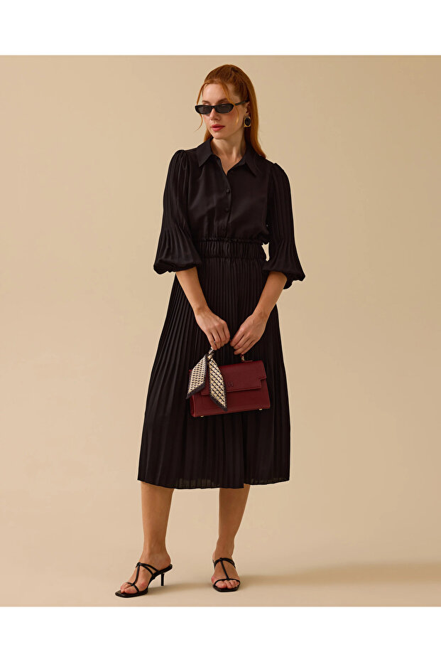 Gömlek Yaka Uzun Kollu Pliseli Elbise - 1