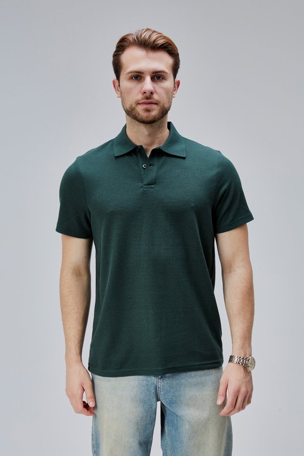 Moon Cover Men's Standard Fit Waffle Fabric Polo Neck T-Shirt – Dark Green