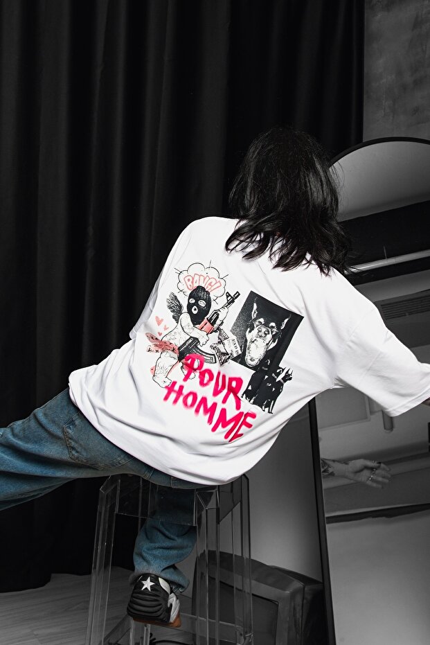 Pour Homme Printed Oversize Unisex White Tshirt