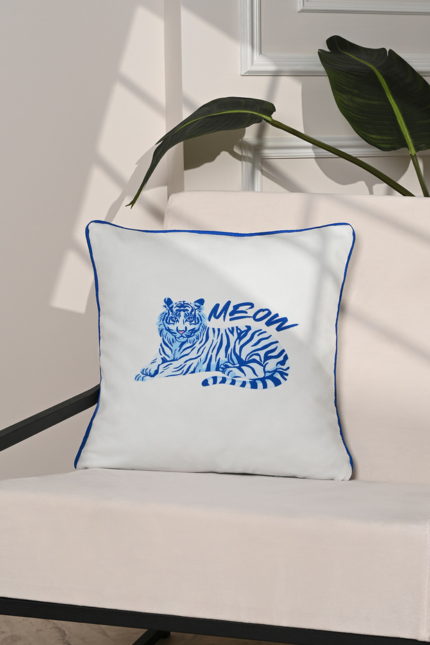 Blue Meow Blue Tiger Illustrated Throw Pillow Case – 43X43Cm