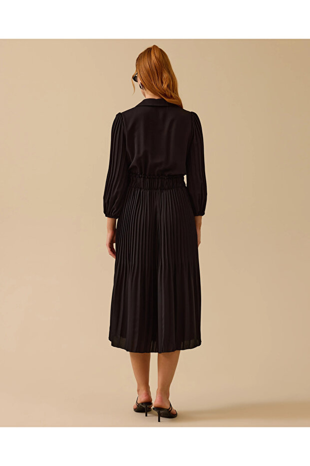 Gömlek Yaka Uzun Kollu Pliseli Elbise - 5