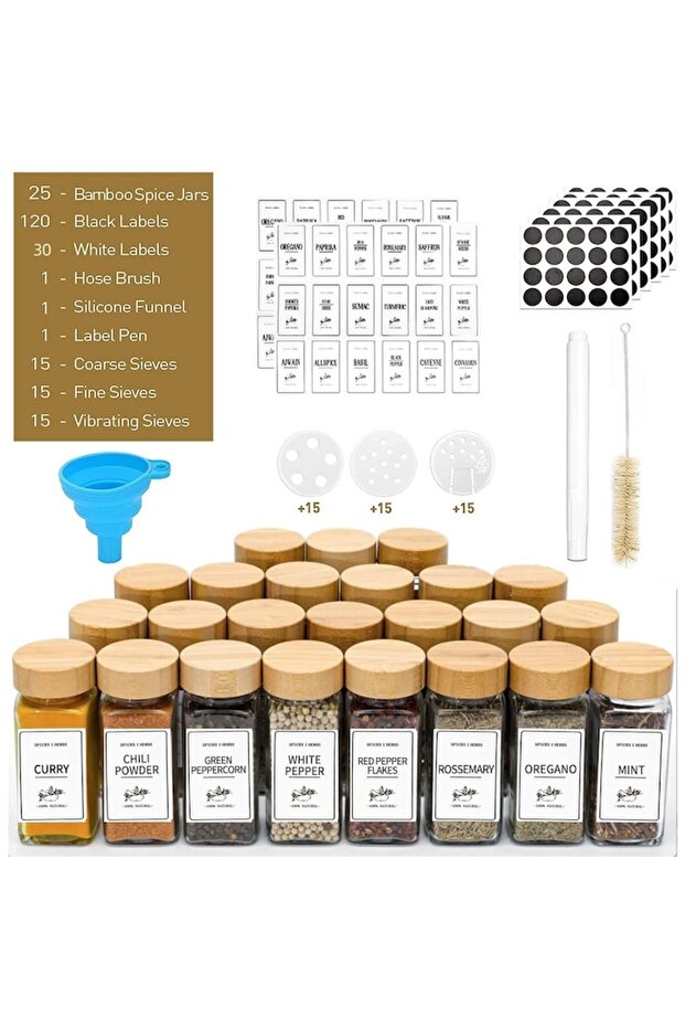 Set de 24 de Recipiente HOZRO pentru Condimente de 120 ml cu capac din Bambus - 3