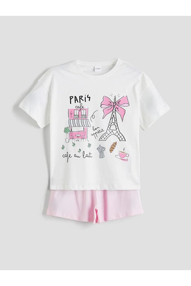 LCW Kids Ekru Bisiklet Yaka Paris Baskılı Kız Çocuk Şortlu Pijama Takımı - 1
