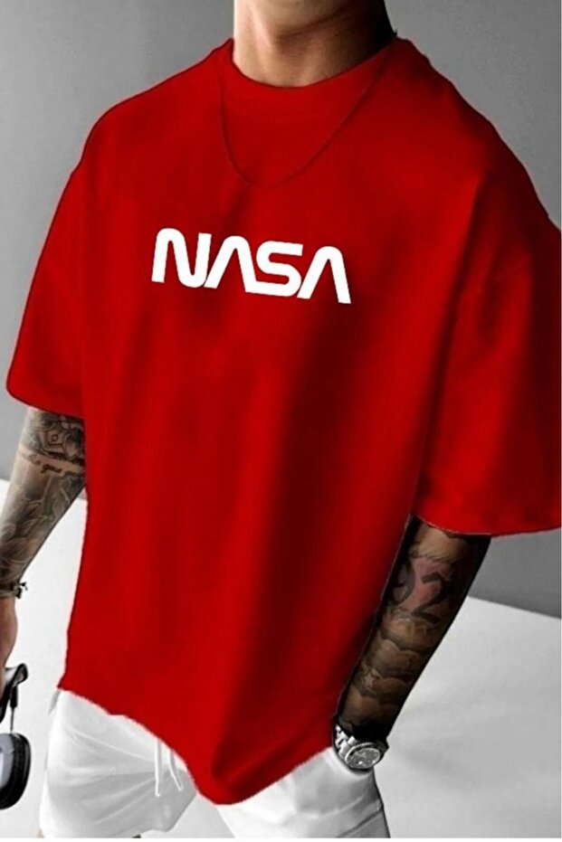 Men's Red Nasa Printed Oversize Tshirt