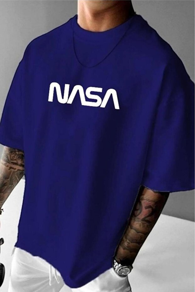 تيشيرت رجالي كبير الحجم مطبوع عليه Saks Blue Nasa