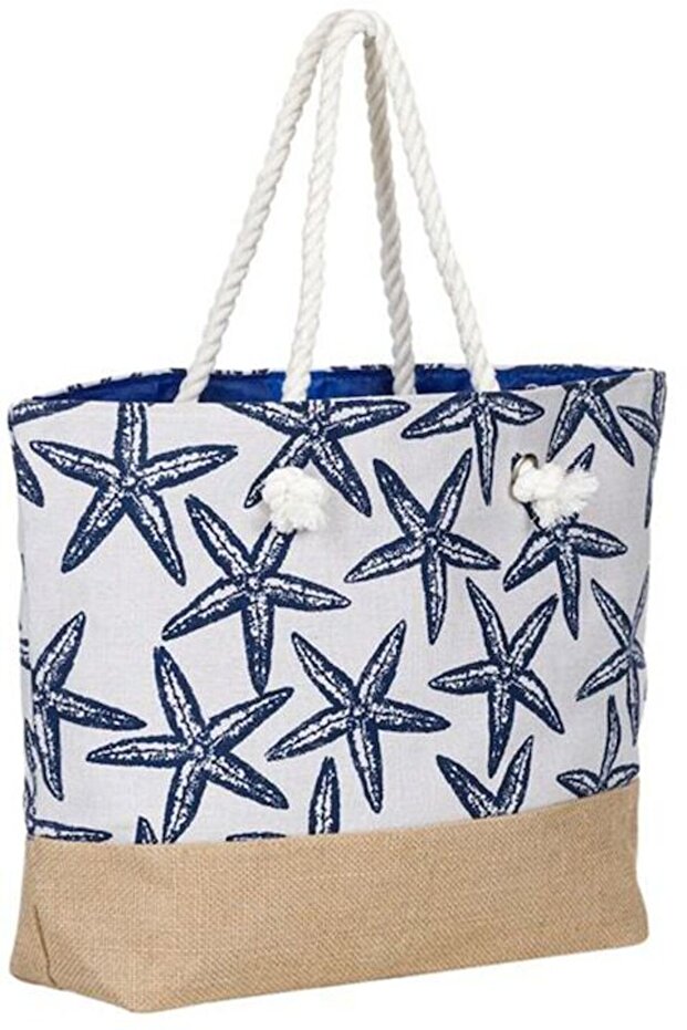 Spacious beach bag, blue starfish pattern - 2