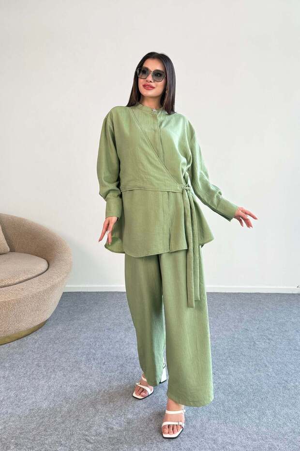 Lacing Detailed Shirt and Wide Leg Pants Double Set 2519 - Green