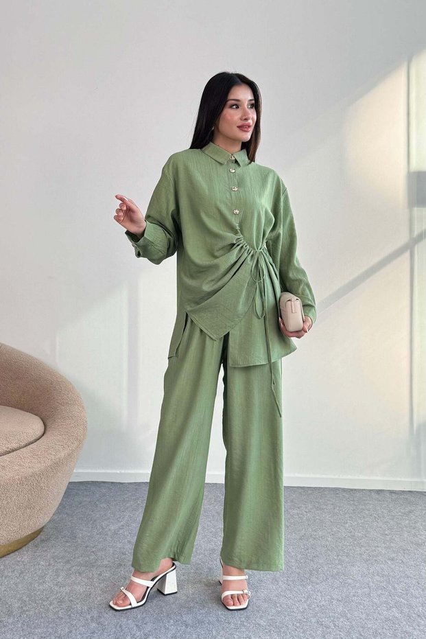 Shirring Detailed Shirt and Wide Leg Pants Two Piece Set 2504 - Khaki Green