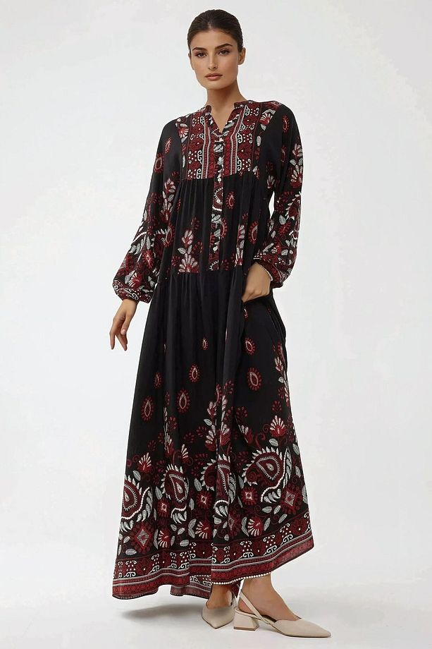Baskılı Uzun Kol Viskon Modest Elbise - 5