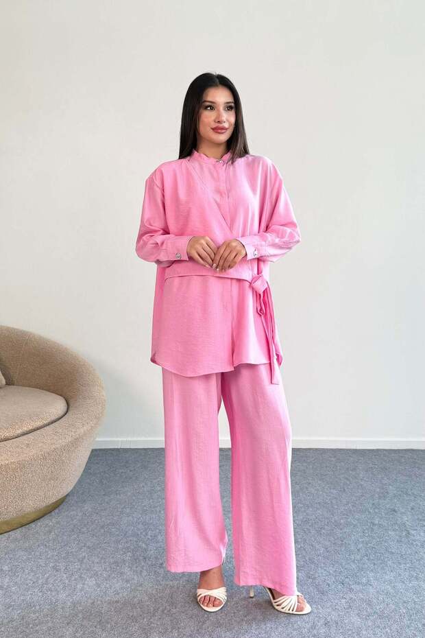 Lacing Detailed Shirt and Wide Leg Pants Double Set 2519 - Pink