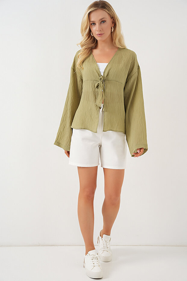 Kadın Önü Bağcıklı Bluz 952 - Çağla - 2