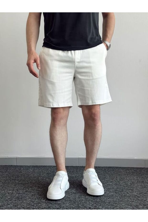 Men's White Gabardine Fabric Shorts Premium Quality Waist Elastic Detail Capri