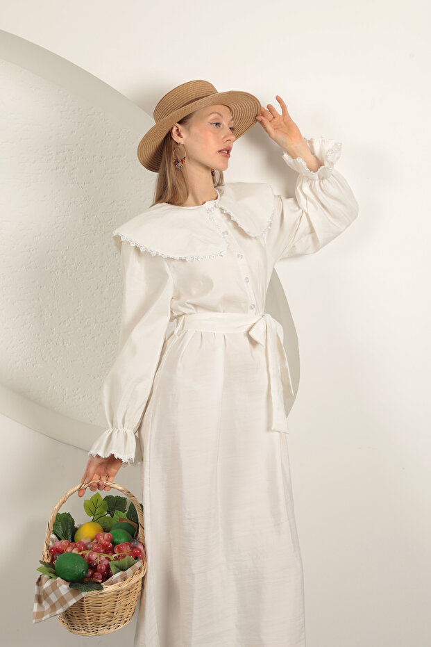 Modal Kumaş Dantelli Elbise - 6