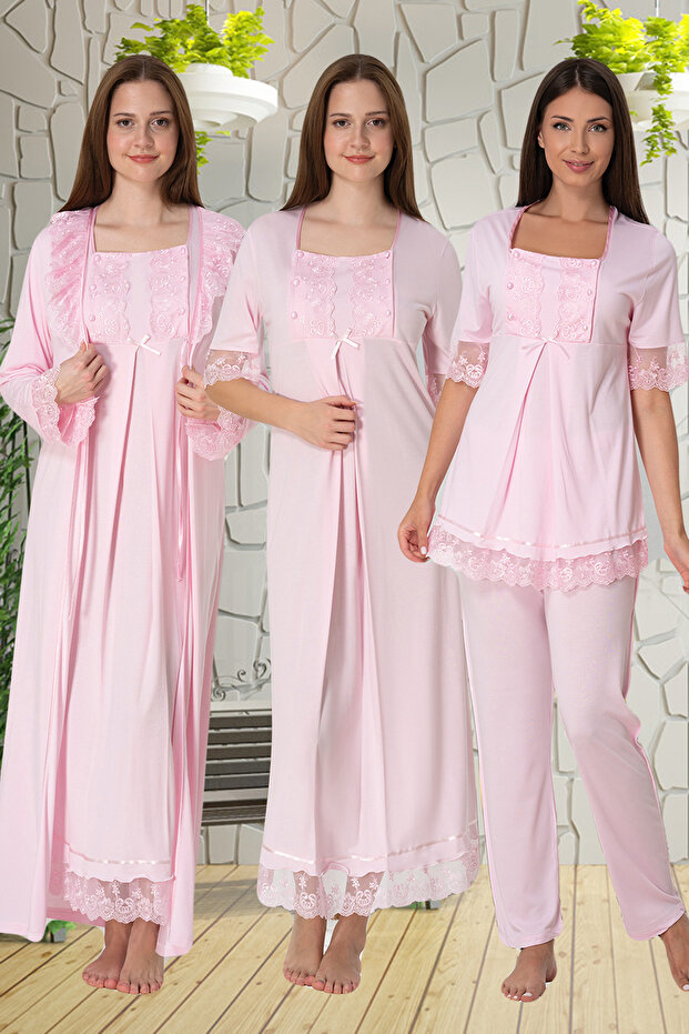 Pink Lace Detailed 4-Piece Maternity Set Effortt 6036