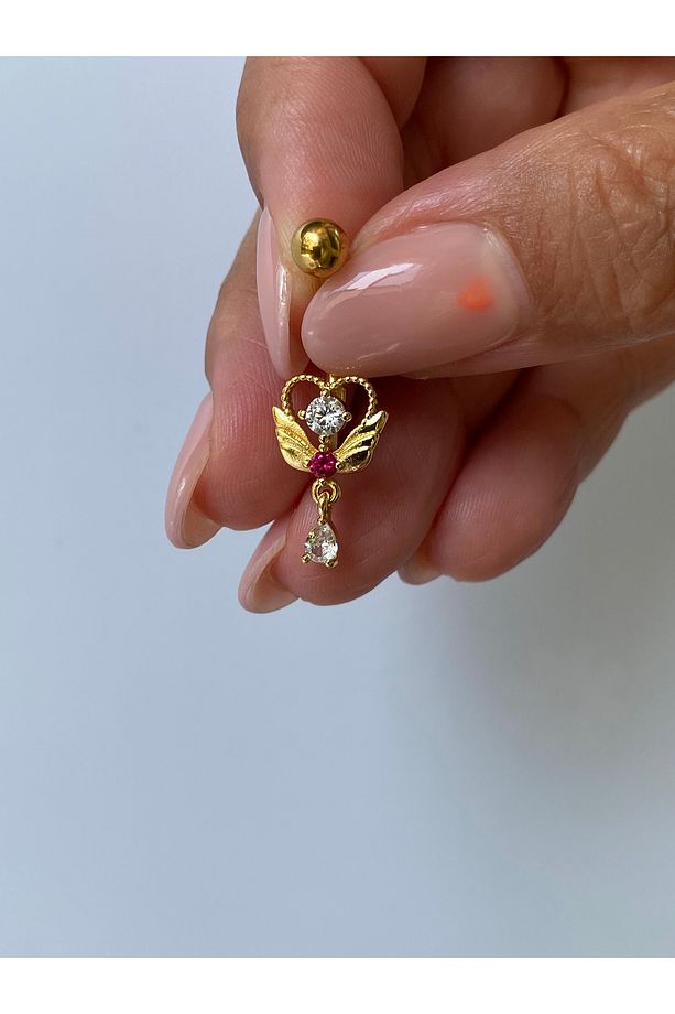 Çelik Göbek Piercing Kanatlı Kalp Melek Zirkon Taşlı Model - 8