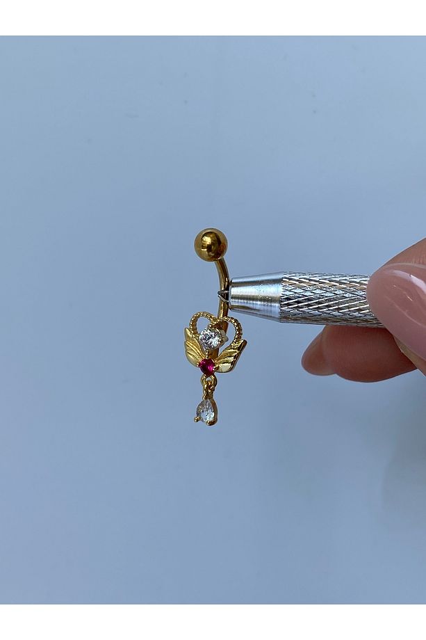 Çelik Göbek Piercing Kanatlı Kalp Melek Zirkon Taşlı Model - 4
