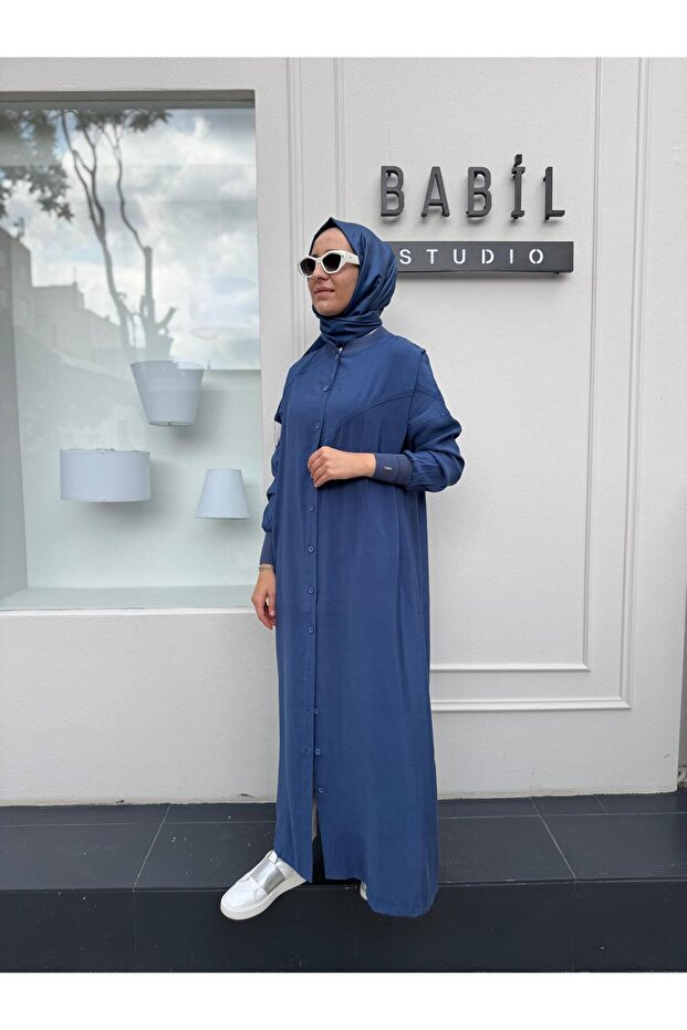Düğmeli Basic Kadın Kap Indigo - 1