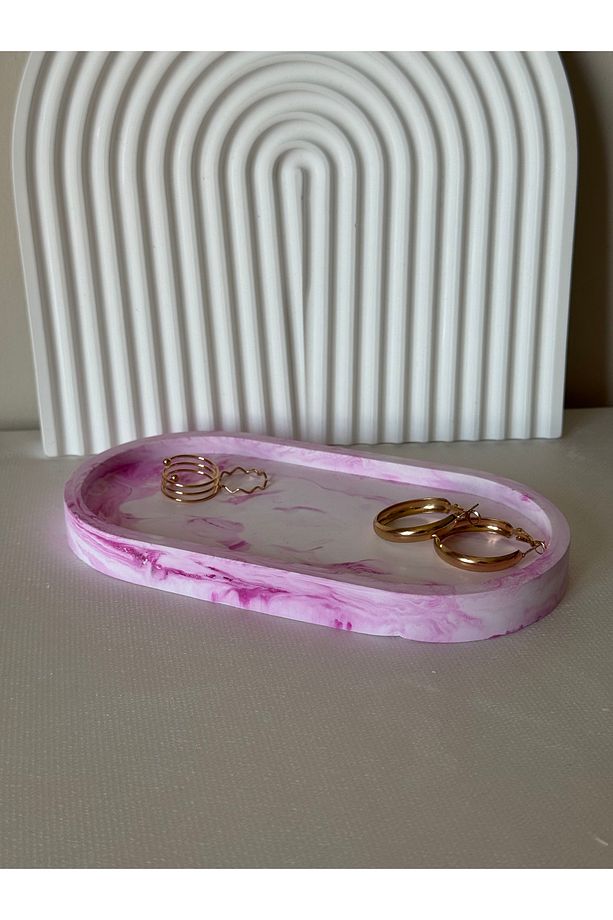 El Yapımı Pembe Mermer Desenli Oval Takı & Sunum Tabağı - 3