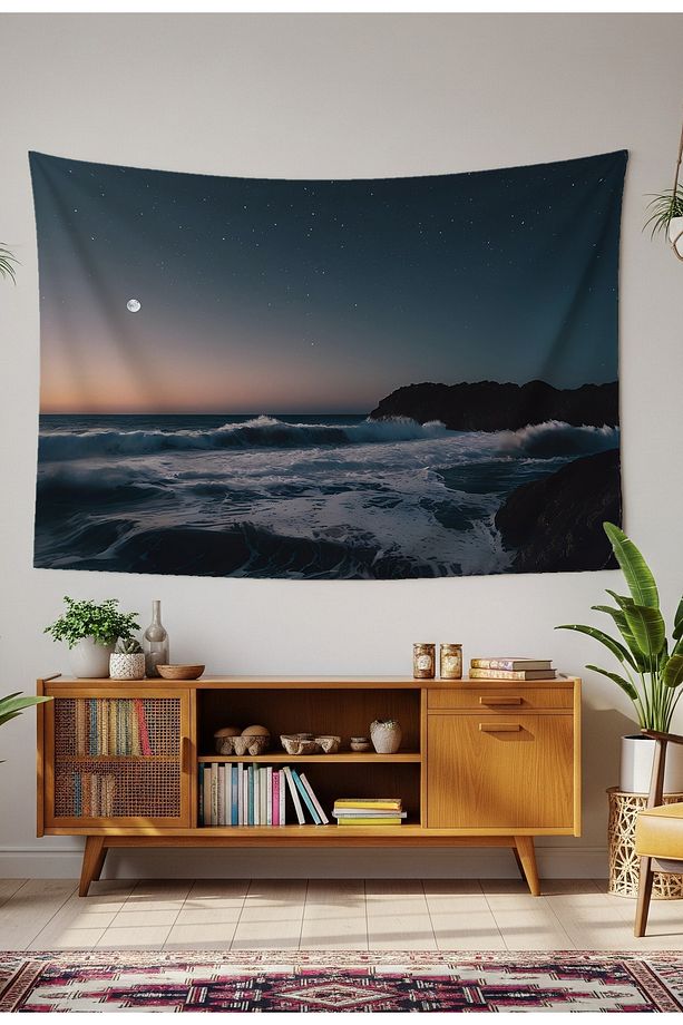 Deniz Dalga Yakamoz Manzara Duvar Örtüsü Halısı Duvar Sanatı Duvar Dekorasyonu Dekoratif Tapestry - 1