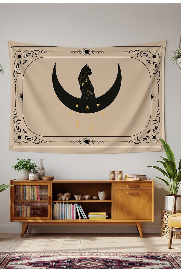 Kedi Yıldız Mandala Bohem Duvar Örtüsü Halısı Duvar Sanatı Duvar Dekorasyonu Şık Dekoratif Tapestry - 1