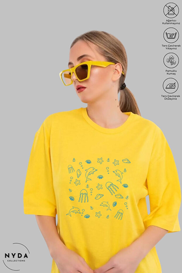 Women's Crew Neck Sea Creatures Printed Cotton Oversize Short Sleeve T-Shirt