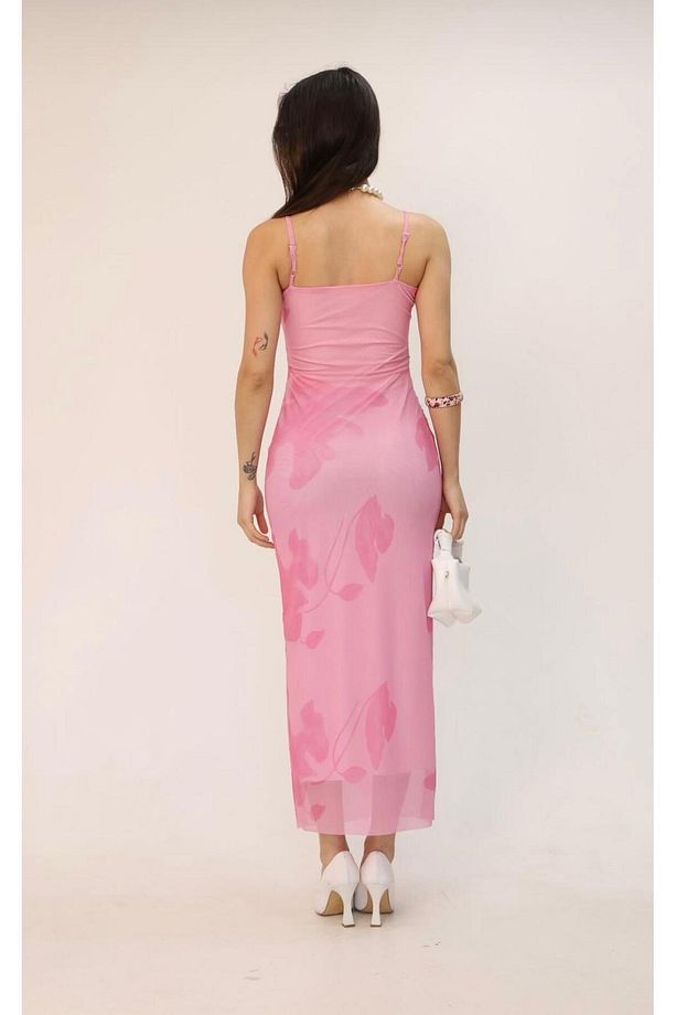 Zr Model Pembe Çiçek Desenli Askılı Midi Elbise - 3