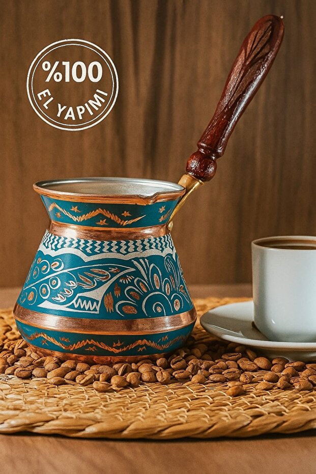 Bakır Cezve Tombik el işlemeli 4 kişilik - 1