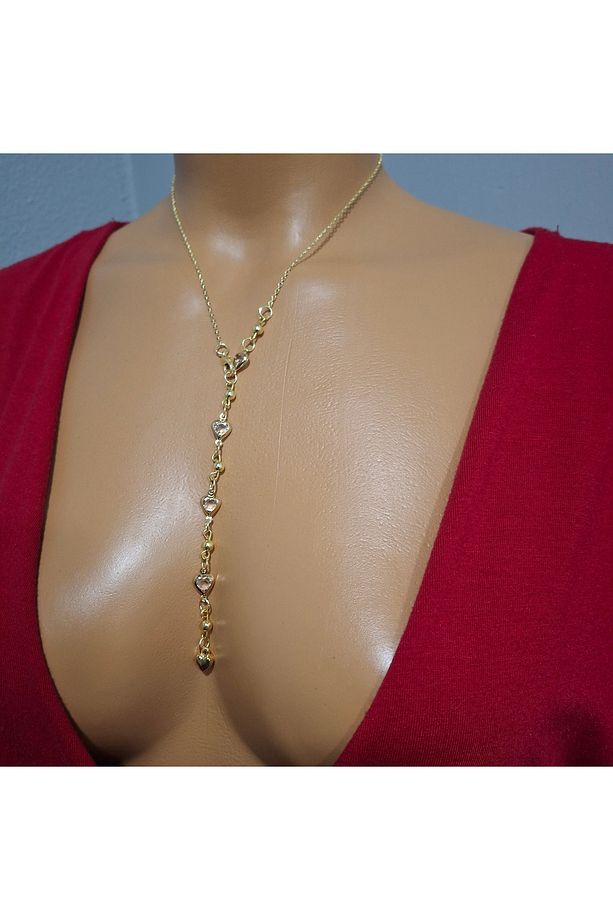 Gold Rengi Şeffaf Kalpli Y Kolye - 1