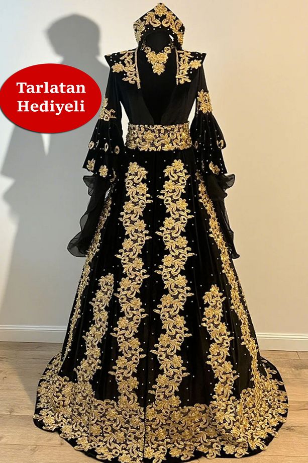 Siyah Kaftan Bindallı Kına Gecesi Bindallısı Abiye Gelin Elbisesi + Tarlatan Hediye - 6