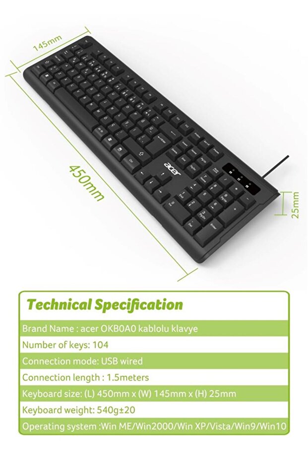 لوحة مفاتيح أيسر OAK-0A0 سوداء مع كابل وخاصية المفتاح الصامت (قفل الكبس) (طول الكابل 1.50 سم) قفل الكبس