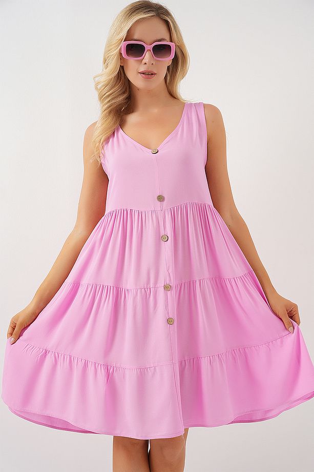 Kadın Sıfır Kol Düğmeli Kısa Elbise 2571 - Pembe - 4