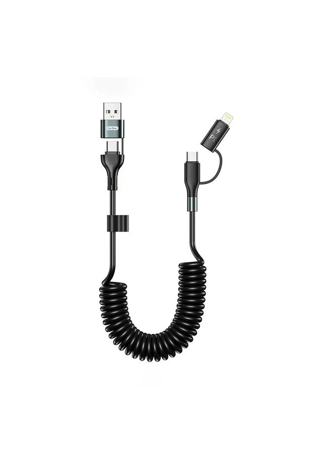 1.8 Metre Araç İçi Spiralli 4in1 Süper Hızlı Şarj Kablosu 60W Şarj USB'den Type-C'/Lightning'e Type- - 1