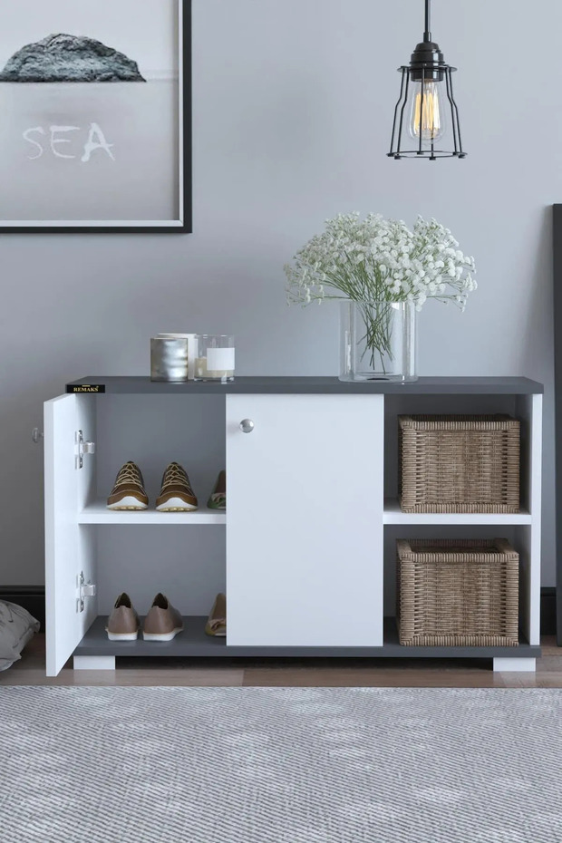 Süper Basic Ayakkabılık 2 Kapaklı Açık Raflı Portatif Dolap Çok Amaçlı Raf Antrasit - 2