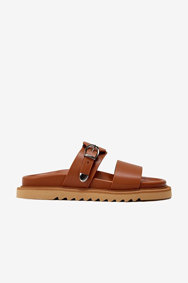 Softra Tan Skin Thick Banded Single Buckle Detail Women's Slipper