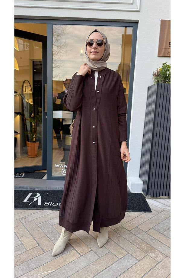 Nervürlü Triko Kadın Hırka Kahve - 1