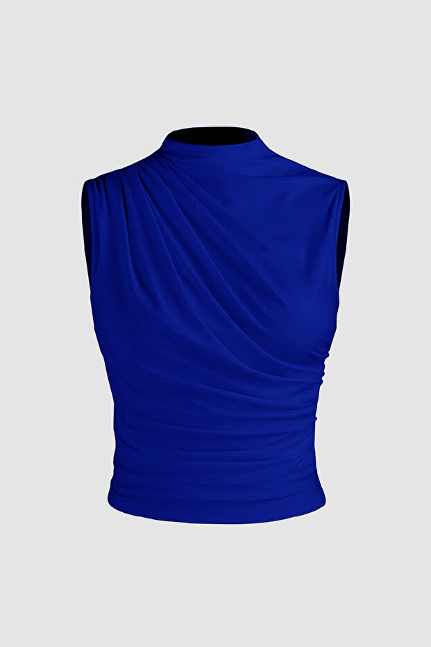 6071 Sleeveless Gathered Cobalt Blue Crop Blouse