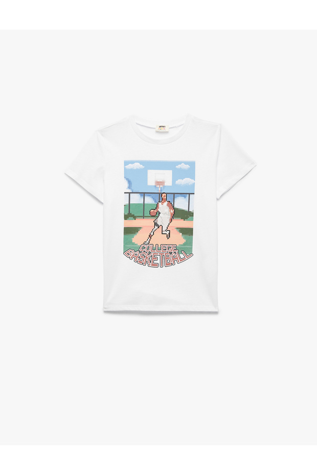 Cotton Short Sleeve Crew Neck Basketball Themed Printed T-Shirt