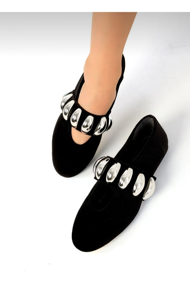 Women's Black Suede Ballerina Belted Ping Casual Shoes