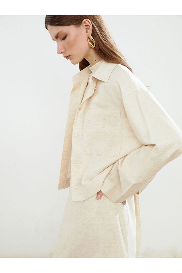 LCW Modest Ekru Oversize Keten Karışımlı Kadın Gömlek S5NF83Z8NVY25 - 1